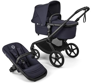Bugaboo Fox 5 Renew, 2-in-1 Kinderwagen für jedes Gelände, mit Liegewanne | ausziehbarer Kleinkindsitz, praktische Ein-Hand Faltung, Fahrgestell in Schwarz und Sonnendach in Deep Indigo