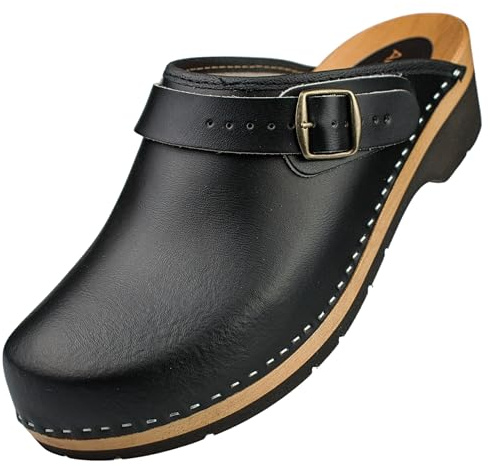 APREGGIO Sabots Homme en Bois – Clogs Ergonomiques en Cuir – Sabots de Jardin Pratiques – Noir – Taille 42