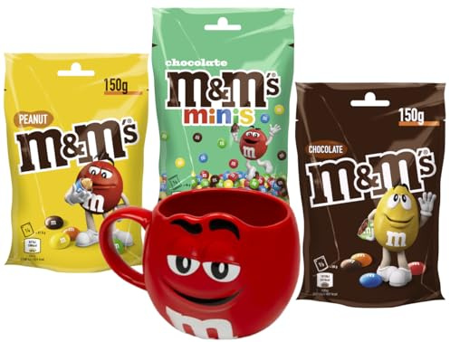M&M'S Chocolate 150g, Minis Chocolate 135g & Peanut 150g + Tasse I Schokolinsen I Schokolade I Erdnuss I Geschenkset I Probierpaket I Mix-Pack I Geschenkidee I Fanartikel