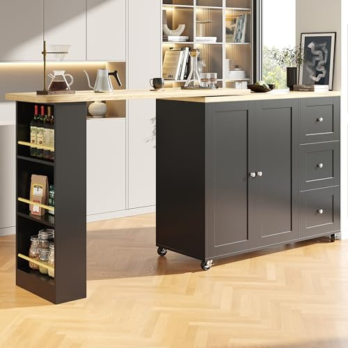 360° drehbarer Ausziehbarer Stehtisch Kücheninsel Multifunktionale Aufbewahrungsinsel mit Rollen, 3 Schubladen & Snackhalter für Küche, Wohnzimmer & Bistrotisch 138-209 x 39 x 106 cm - Schwarz