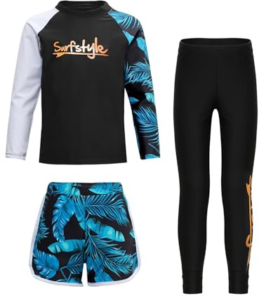 CHICTRY UV barnbadkläder pojkar flickor långärmad badmode sportig Hawaii motiv lapptäcke simning skjorta med shorts långa badbyxor 3 delar badkläder, svart, 122-128