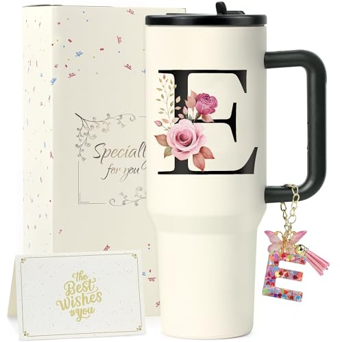 ZIOISNM A-Z 1.2L Borraccia Termica con Cannuccia, Acciaio Inossidabile a Doppia Parete Tazza Termica, Ideale Come Regalo per Donna Personalizzato per Natale e San Valentino (E)