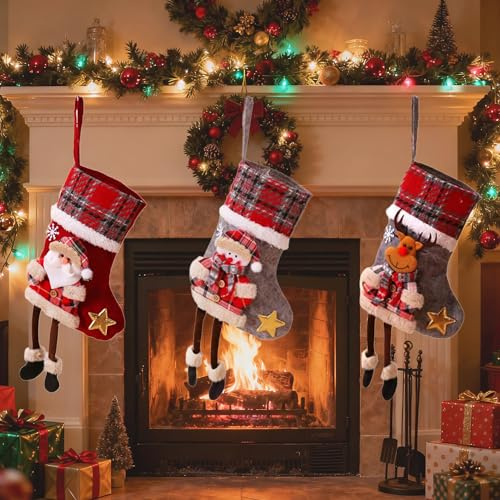 JIMGIED 3 Stück Weihnachtsstrümpfe Set, Weihnachtssocken Kamin, Kreativ Nikolausstrumpf, Personalisiert Weihnachtssocken, für Kamin Wand Candy Weihnachtsbaumschmuck Aufhängen