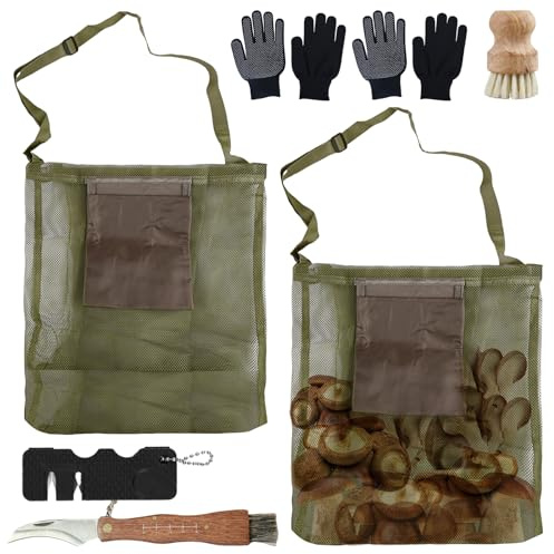 Cuchillo de seta con cepillo, bolsillos de alimentación de red, bolsa para buscar comida con cepillo, afilador de cuchillos y 1 guantes, correa de hombro ajustable, bolsa de recogida de setas para