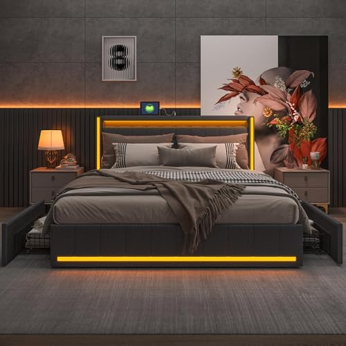 WSOFZMO Doppel Bett 180x200 mit Lattenrost, Polsterbett Doppelbett 180x200 mit Stauraum, Boxspringbett Jugendbett, Betten mit 4 Schubladen, Leinen, ohne Matratze (Neu03 Grau, 180 * 200)