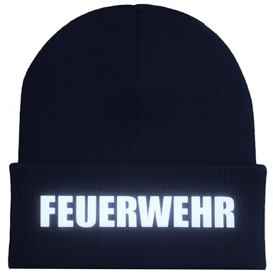 tshirtladen Beanie Mütze Bestickt mit reflektierendem Feuerwehr Schriftzug in Silber doppellagig elastisch Unisex Strickhaube für Herbst Winter Freizeit Arbeit Einsatz und Outdoor