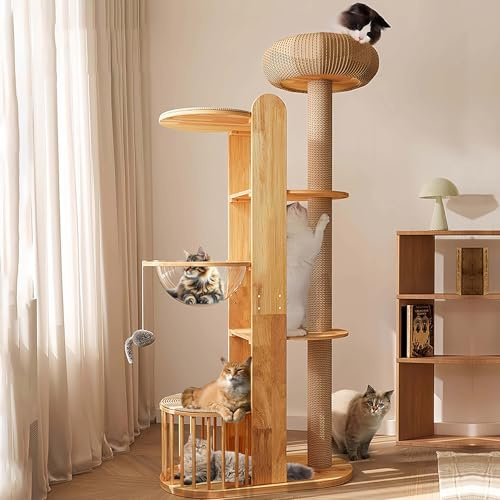 Arbre à Chat en Bois Massif XXL de 190cm avec Griffoir Grand Tronc Sisal, 1 Niche Tressée, 3 Plateformes et Bulle Transparente pour Grands Chats Maine Coon