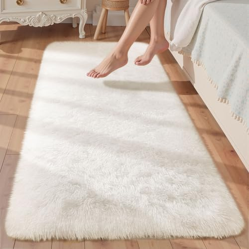 Treeboy Flauschiger Wohnzimmerteppiche Teppich 80 x 300 cm Weiß Läufer | Rutschfest Schlafzimmer Teppich Waschbar Flauschiger Wohnzimmerteppiche Zottelige Weiche Teppiche für Kinder Flur Wohnzimmer