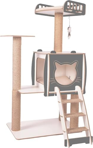 Arbre à Chat avec Niche Escalier Griffoir en Bois Et Jute 115 cm Ergo (Gris)