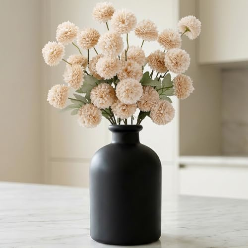 Lifewit 5 Pcs Beige Artificial Flower for Vase, Faux Silk Mums Ball with Long Stems for Home Decor, Wedding, Bulk Fake Small Chrysanthemums for Floral Arrangement, Pom Pom for Bouquets Centerpieces