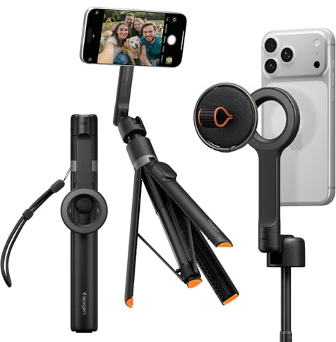 Spigen S582W Perche à Selfie Bluetooth 5.0 Extensible 166.5cm - Noir | Trépied 3-en-1 double MagSafe en aluminium, tête rotative 360°, déploiement 1 clic et télécommande amovible