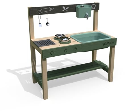 Plum Play Grubby Griddle Outdoor Discovery Mud Kitchen with Tap and Sink - Cooking utensils included - With hobs and grill