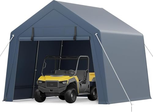 Garvee Garaje para Moto Exterior de 3,05 x 3,05 m, Cobertizo para Motocicleta de Dos Secciones con Estructura de Tubo Galvanizado y Tela PE Resistente, Refugio Impermeable y Anti-UV para Motos, Gris