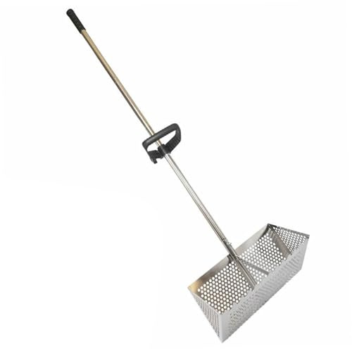 Rastrillo para pulgas de arena, tamiz de arena de playa con dientes de tiburón de acero inoxidable con mango largo desmontable, rastrillo para playa con cesta ancha con orificio hexagonal de 15, 8 pul