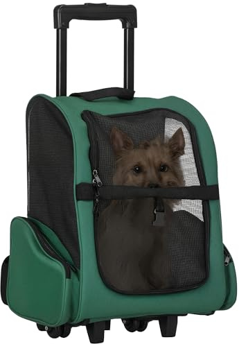 PawHut Transportín 2 en 1 para Mascotas Perro y Gato 42x25x55 cm Verde | Mochila o Carrito de Viaje, 2 Ruedas, Asa Retráctil de Aluminio, Bolsillos
