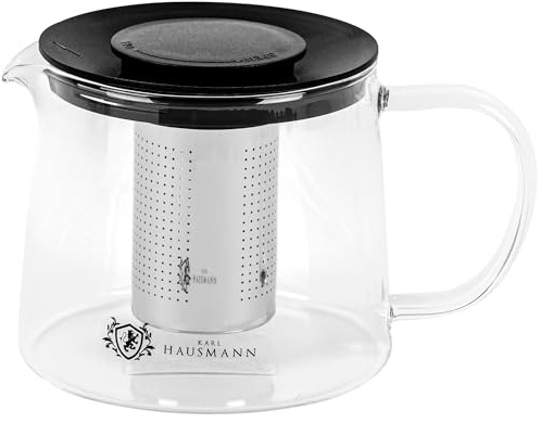 KARL HAUSMANN Teekanne aus Glas mit Siebeinsatz, 1.5 Liter | Glaskanne aus Borosilikatglas, Filter aus Edelstahl 304, für Tee und Kräuter; für Gas, Elektro, Glaskeramik und Halogen