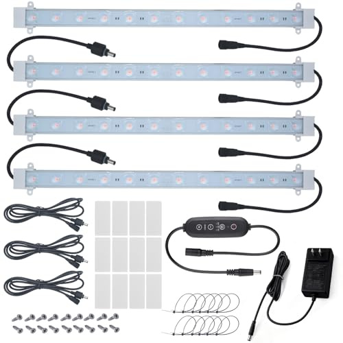 Litever Grow Light Strip Kit 36W with Timer, 4 pcs 16 Inches LED Grow Light Strips with Extension Cables, Mounting Accessories for Greenhouse, Grow Shelf. Perfect for Indoor Growing-(4-Strip-Kit)