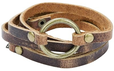 SPUNKYsoul 5 Wrap Leather Circle Bracelet - Adjustable Boho-Inspired Leather Bracelet for Women, Unique Distressed Jewelry with Symbolic Circle, Ideal for Everyday Wear & Gifting (Women's Brown)