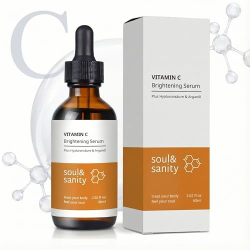 soul & sanity Vitamin C Serum 20% – Hochdosiertes Glow Gesichtsserum gegen müde Haut & Pigmentflecken – Anti Aging Gesichtspflege mit Hyaluronsäure gegen Falten & Pickelmale - vegan – 60ml