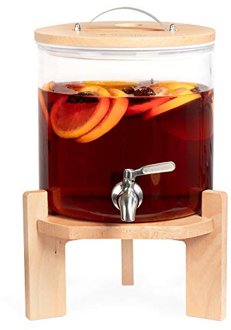 Navaris Dispenser Bevande in Vetro 5l - con Rubinetto Coperchio e Stand in faggio - Distributore erogatore Acqua bibite Calde Fredde - Drink Dispenser