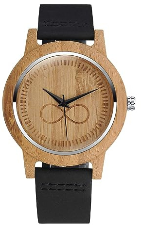 MicLee Herren Damen Unisex Bambus Unendlichkeit Zeichen Infinity Holzuhr Analog Quarzwerk Armbanduhr mit Lederband Für Frauen Männer Geschenke