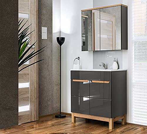 EINFACH GUTE MÖBEL Badmöbel Badset Kalli 2-teilig 80cm | Stand-Waschplatz & Spiegelschrank | grau-Eiche