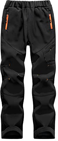 Maeau Softshellhose Kinder Gefüttert Skihose Schneehose Jungen Mädchen Wanderhose Outdoorhose Wasserdicht Winter Trekkinghose Regenhose Arbeitshose Schwarz Knöchellänge 5 Taschen Unisex Kinder Winter