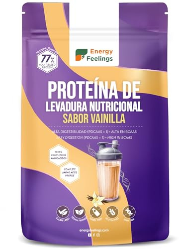 Energy Feelings Proteine in Polvere Vegane di Lievito Nutrizionale 1kg, Proteine Vegetali in Polvere Senza Lattosio e Glutine 77%, Aumento della Massa Muscolare, Gusto Vaniglia Senza Edulcoranti