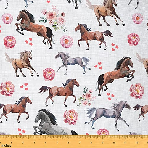 Polsterstoff für Pferde Bauernhof Western Cowboy Cowgirls Meterware Kinder Jungen Mädchen Rosa Blumen dekorativer Stoff mit niedlichem Liebhaber-Herz-Dekor Kawaii-Pferd Steppstoff 92 x 150 (HxB)