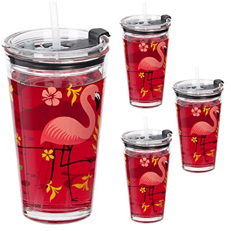 Relaxdays Trinkgläser 4er Set, Flamingo-Motiv, Deckel & Strohhalm, 450 ml, Glasbecher Kinder, Smoothieglas, transparent