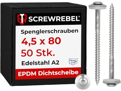50 Stück SCREW REBEL Spenglerschrauben 4,5 x 80 mm - Edelstahl A2, Inox mit EPDM-Dichtscheibe Ø15mm TX 20