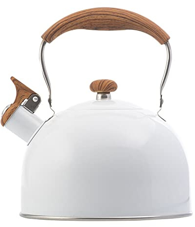 Uposao Bouilloire Sifflante Induction en Acier Inoxydable 2.5L Théières avec Sifflet D'Avertissement Théière Design Vintage avec Poignée Bois pour Cuisinière, Bouilloire Gaz, sans BPA, pour Thé, Café