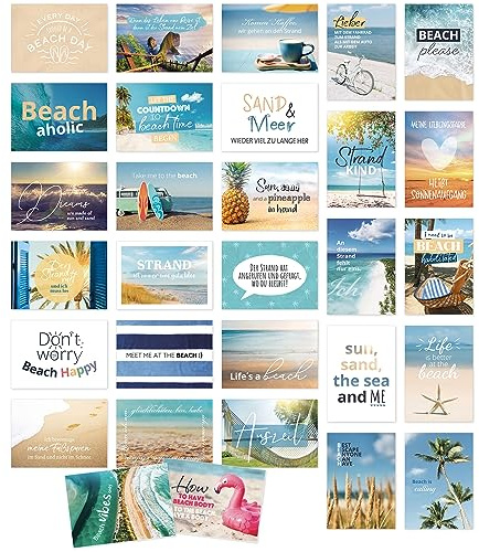 Einladungskarten Manufaktur Hamburg Postkarten Foto Set mit 30 Karten - Strand Sommer Sonne Beach Feeling Meer Sand Urlaub - Passende Sprüche Botschaften Set mit 30 Umschlägen
