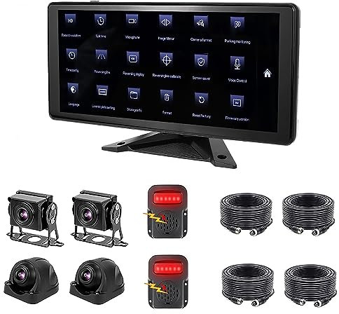 Sistema di telecamere di backup touch da 10,36 pollici con 4 telecamere AHD 1080P e 2 allarmi radar, monitor all-in-one BSD a 4 canali for camper camper camion