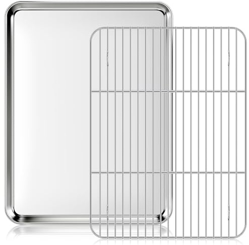 Fire More Baking Tray with Cooling Rack, 40.5 x 30.5 x 2.5 cm Stainless Steel Cookie Sheet Pan Set, Non Stick Baking Sheet with Wire Rack for Oven Cooking