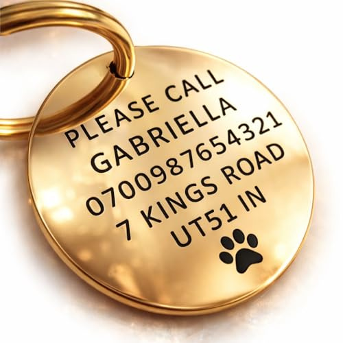 Premium Solid Brass Dog Tags for Pets Engraved UK - Personalized Round Pet ID Tags for Dogs & Cats - Custom Identification Polished Disc - Mini, Small, Medium, Large - Deep Engraving