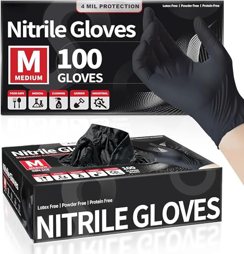 Black Disposable Nitrile Gloves – Powder-Free, Latex-Free Multipurpose Gloves for Examination, Cleaning, Food Prep, Automotive & Industrial Use – Strong, Comfortable & Tear-Resistant (100, MEDIUM)