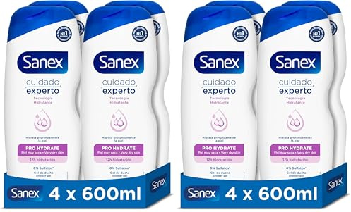 Sanex Cuidado Experto Pro Hydrate Gel de Ducha, Pack 4 Uds x 600ml, Fórmula con Prebiótico Natural, Hidrata Profundamente la Piel, 12H Hidratación, 0% Sulfatos, para Piel Muy Seca (Paquete de 2)