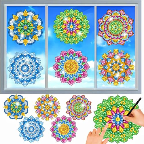 LOTOLO 6 PCS Diamond Painting Kits for Suncatchers Mandala Art Stained Glass Window Clings, Mosaic Painting by Numbers,Window Film Static Clings 3D Decals,Art Craft Supplies (001)