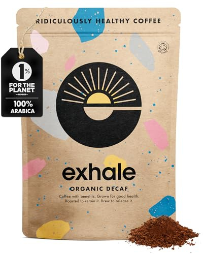 EXHALE Organic Chemical-Free Fine Ground Coffee - 450g Pack - Mycotoxin Free, Mould Free & Polyphenol Rich - For Moka, AeroPress and Drip (Decaf Medium Roast, 450g)