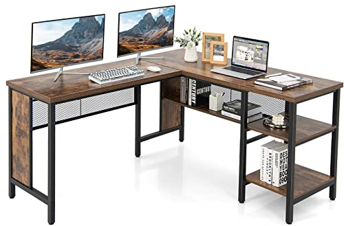 COSTWAY Schreibtisch L-Form, Eckschreibtisch mit Regal in voller Länge und 2-stufige Seitenregale, Ecktisch, Computertisch, Bürotisch für Home Office, 150 x 140 x 75 cm