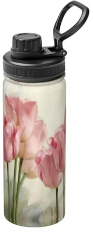 Botella de agua de acero inoxidable con aislamiento al vacío de doble pared, con estampado de tulipanes rosados, 18 onzas, a prueba de termo, para deportes
