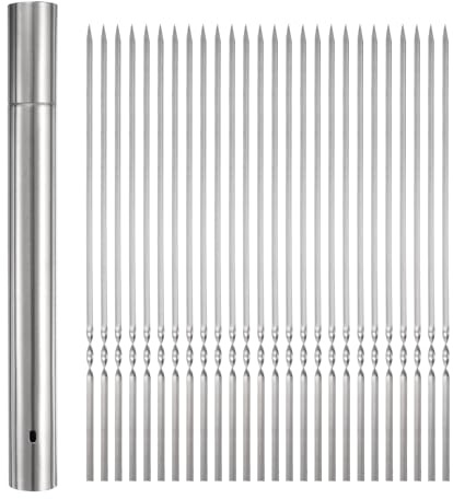 QUARKZMAN 50 piezas de Brochetas de Metal 35cm x 2.8mm Palitos Planos de Acero Inoxidable Reutilizables para Barbacoa al Aire Libre con Tubo de Almacenamiento para Carne, Camarones