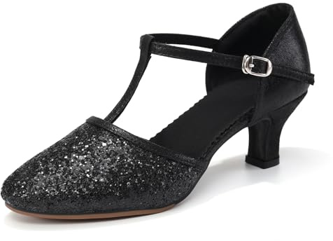 YCALCP Chaussures de Danse Latine Femme à Paillettes T-Starp Chaussures Danse Tango Salsa de Salon Bout Fermé,Talon de 5.5 cm,FT-135-Noir-R,EU 37.5