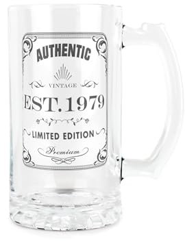 Purely Home Born in 1979 Gift Glass Stein - Vintage Beer Glass Present - 450ml Drinking Cup/Tankard Mug with Handle Gifts for Birthdays