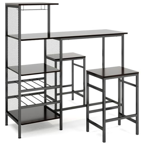 YORKING Breakfast Bar Table and Stools Set, 3 PCS Bar Table Set with Glass Holders, Wine Racks, Storage Shelves & Foot Pads, Dining Table and 2 Bar Stools for Kitchen, Living Room, Rustic Tabby Brown