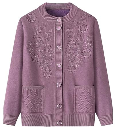Genérico Cárdigan de Punto para Personas de Mediana Edad Y Mayores, con Forro Polar, Cuello Redondo, Bordado, con Bolsillo, para Madres, Cálido, Suéter, Abrigo, Chaqueta, Primavera Y Otoño, Morad