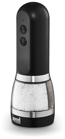 GF847069 Good Food in Partnership with Tower Duo Salt & Pepper Mill, Rechargeable with Adjustable Ceramic Grinders, Individual Push Buttons, Black with Brushed Chrome Accents