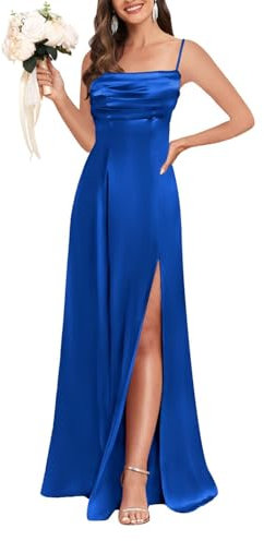 YIANN Robe de bal longue en satin à bretelles spaghetti et col bénitier avec fente pour femme, robe de bal trapèze, robe de demoiselle d'honneur, bleu marine, 54 plus