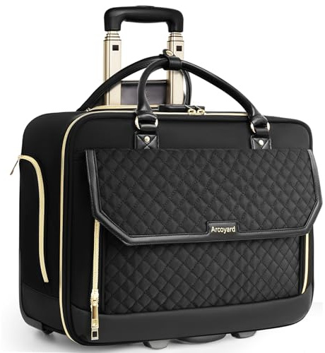 Arcoyard Rollende Laptoptasche für Damen, 43,9 cm (17,3 Zoll), Roll-Aktentasche mit Teleskopgriff, Arbeitstaschen mit Rollen, Computertasche für Lehrer, diamond black, Medium, Raute